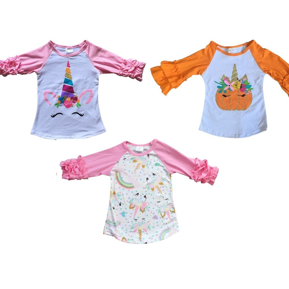 3 PCS Little Girls Kids Unicorn Polka Dot Rainbow Shirt Top Tee Tshirt Set New